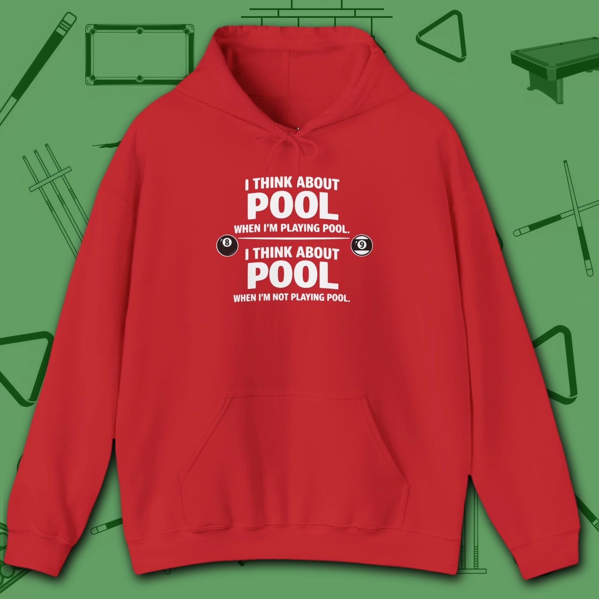 Think About Pool Hoodie, in Red color, billiards hoodie, front view