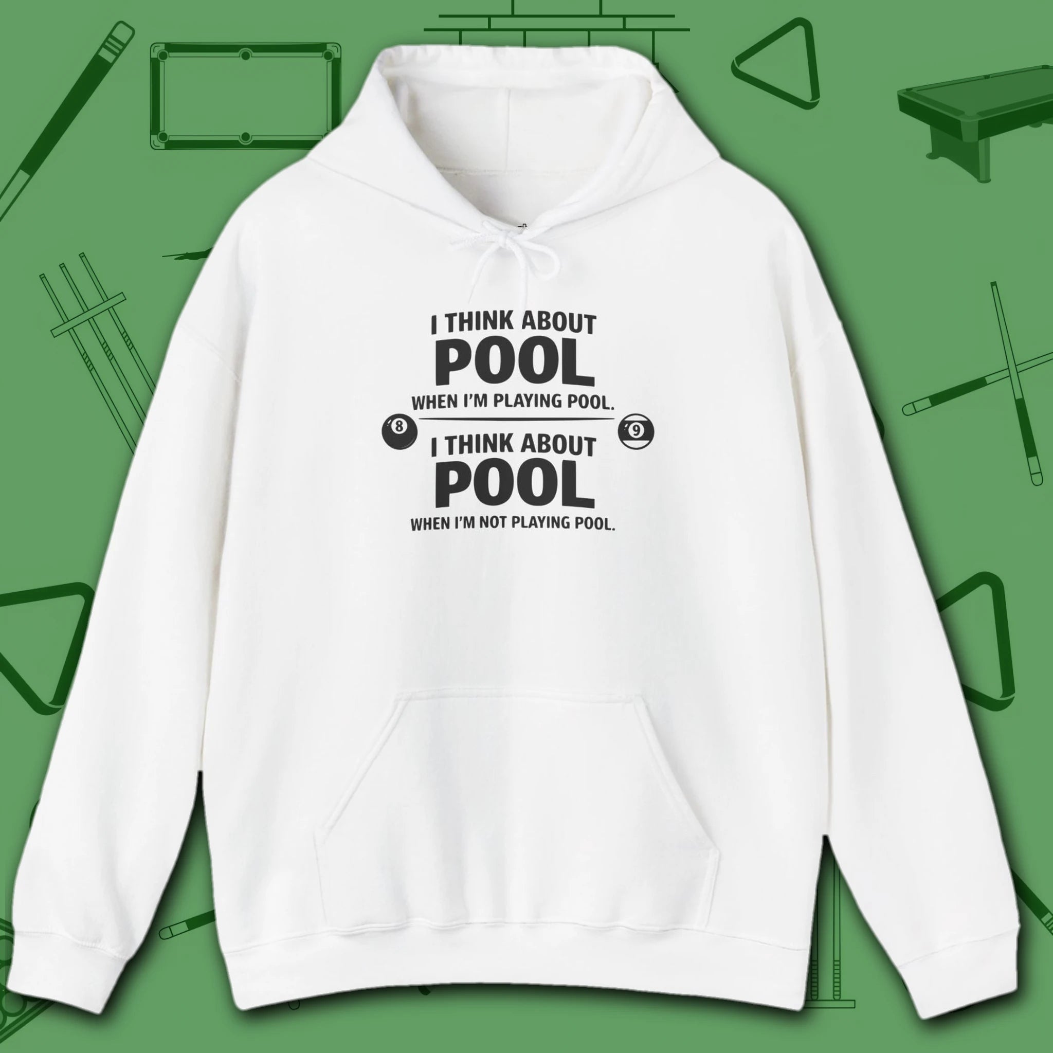 Think About Pool Hoodie, in White color, billiards hoodie, front view