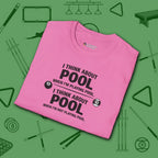 Think About Pool T-Shirt, in Azalea color, billiards shirt, folded view