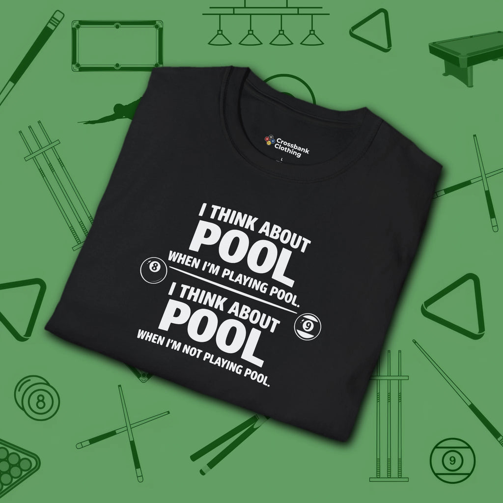 Think About Pool T-Shirt, in Black color, billiards shirt, folded view