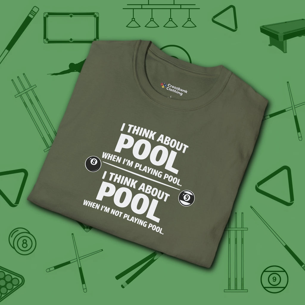 Think About Pool T-Shirt, in Military Green color, billiards shirt, folded view