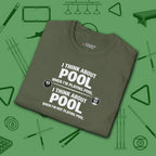 Think About Pool T-Shirt, in Military Green color, billiards shirt, folded view