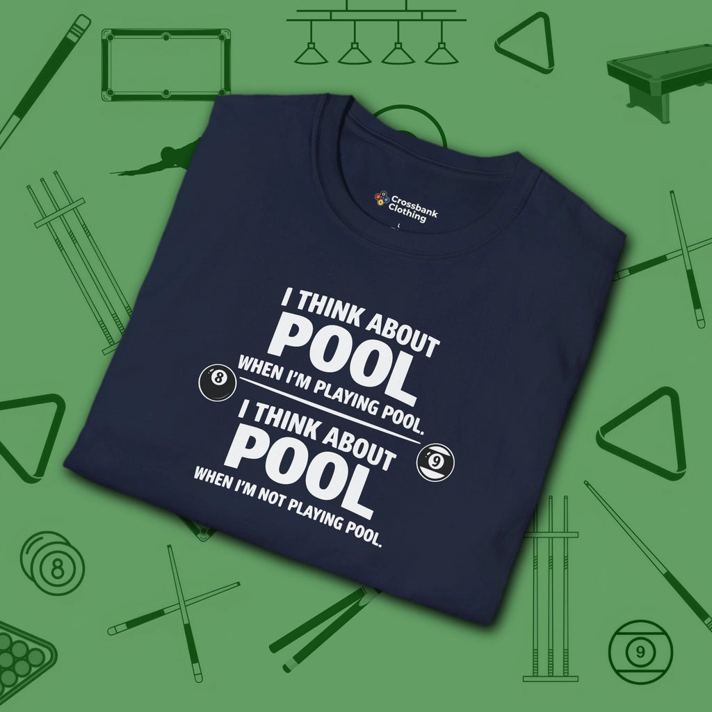Think About Pool T-Shirt, in Navy color, billiards shirt, folded view