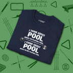 Think About Pool T-Shirt, in Navy color, billiards shirt, folded view