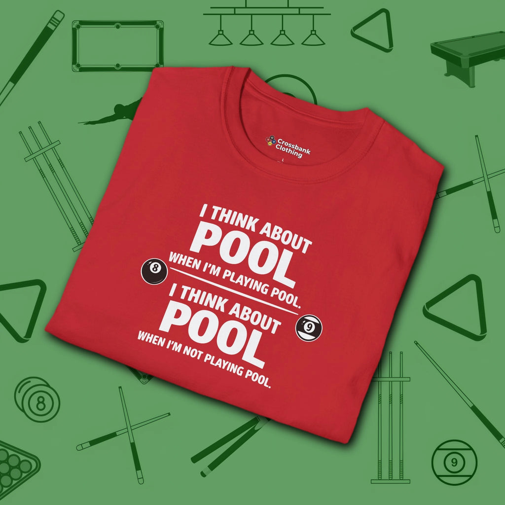 Think About Pool T-Shirt, in Red color, billiards shirt, folded view