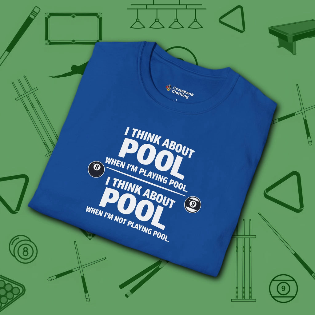 Think About Pool T-Shirt, in Royal color, billiards shirt, folded view