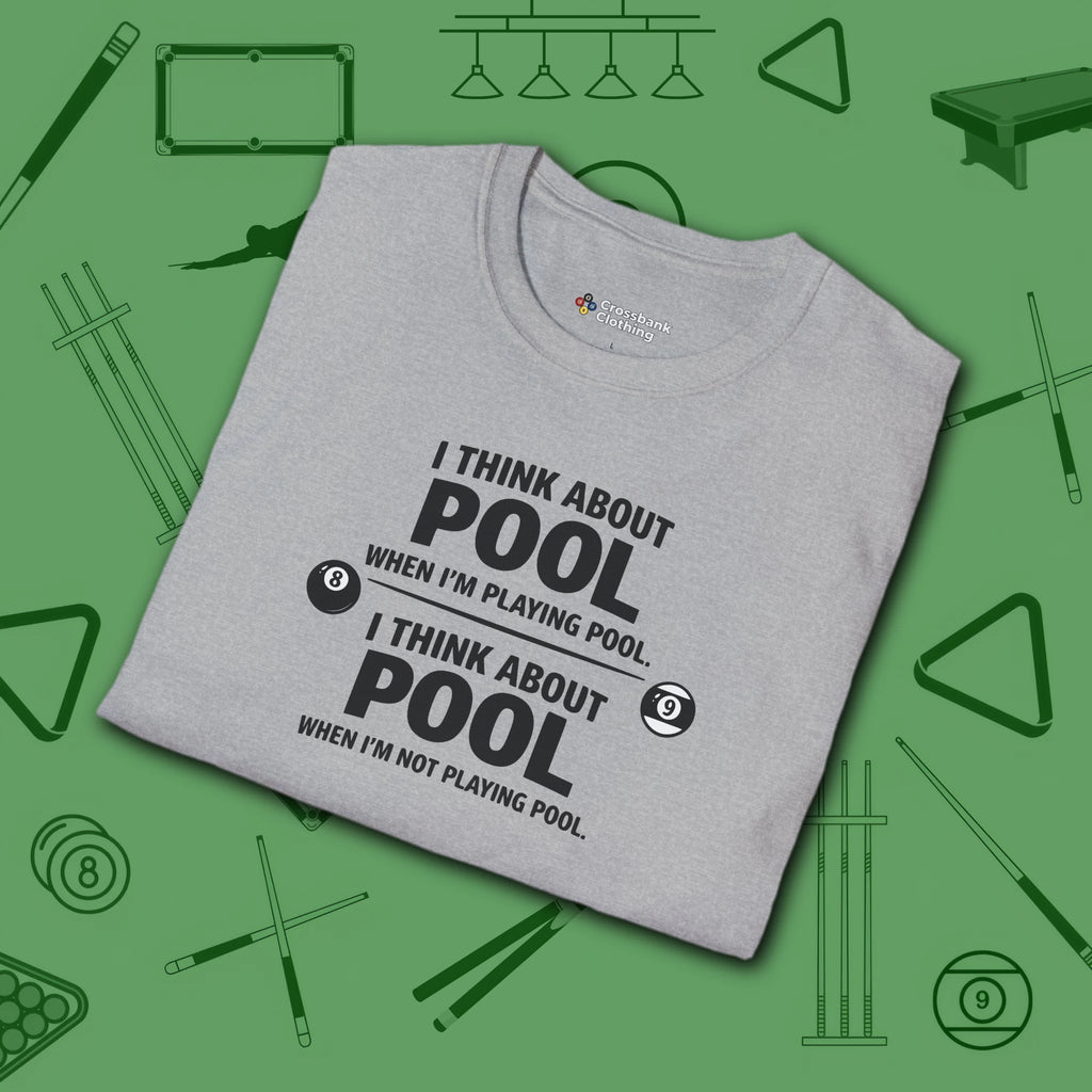 Think About Pool T-Shirt, in Sport Grey color, billiards shirt, folded view