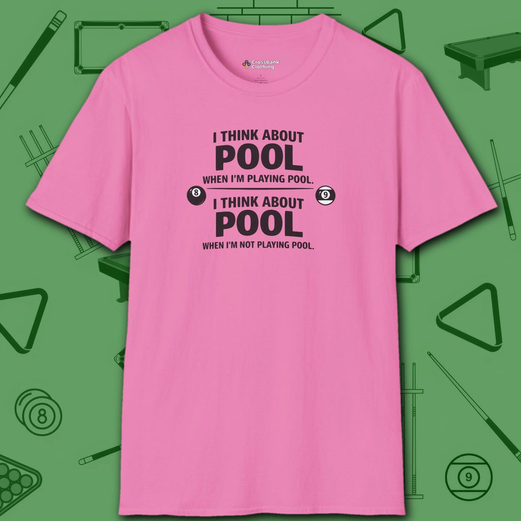 Think About Pool T-Shirt, in Azalea color, billiards shirt, front view