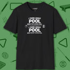 Think About Pool T-Shirt, in Black color, billiards shirt, front view