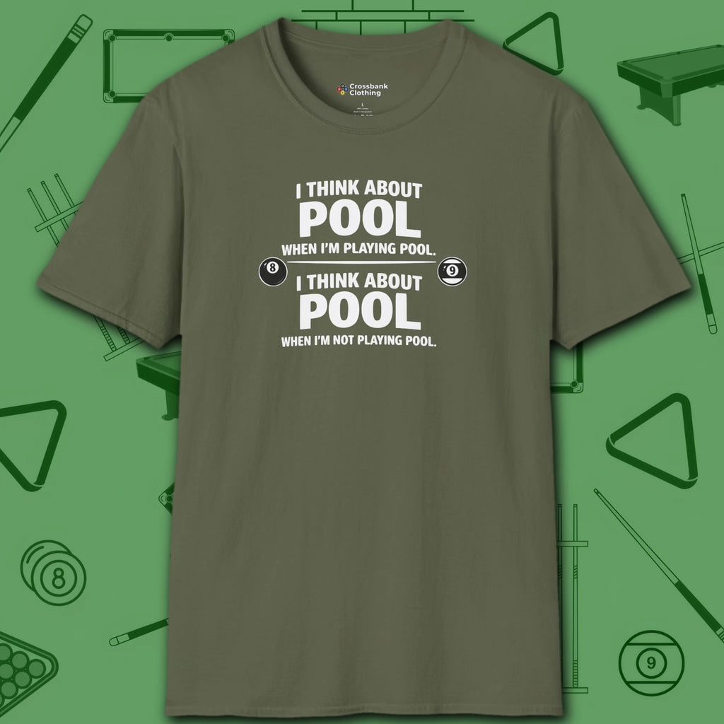 Think About Pool T-Shirt, in Military Green color, billiards shirt, front view