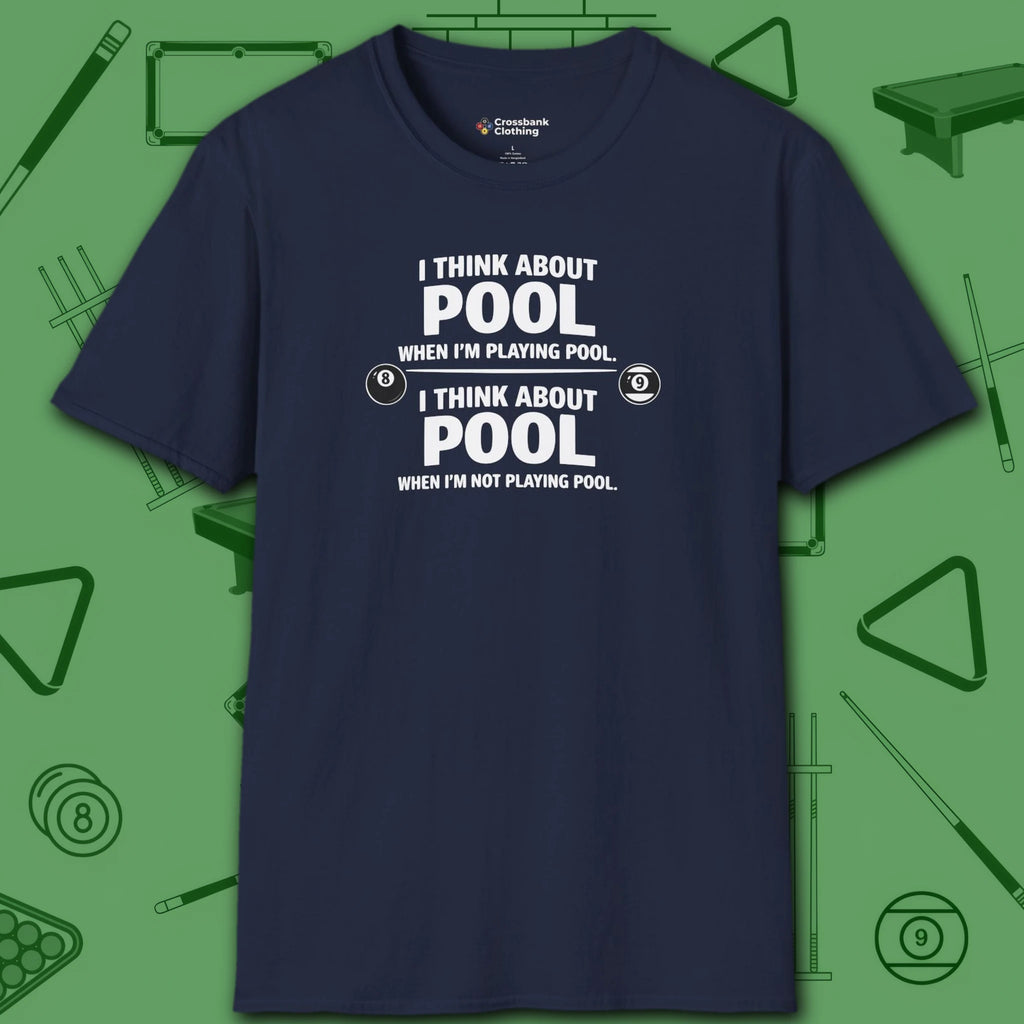 Think About Pool T-Shirt, in Navy color, billiards shirt, front view