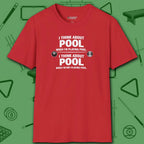 Think About Pool T-Shirt, in Red color, billiards shirt, front view