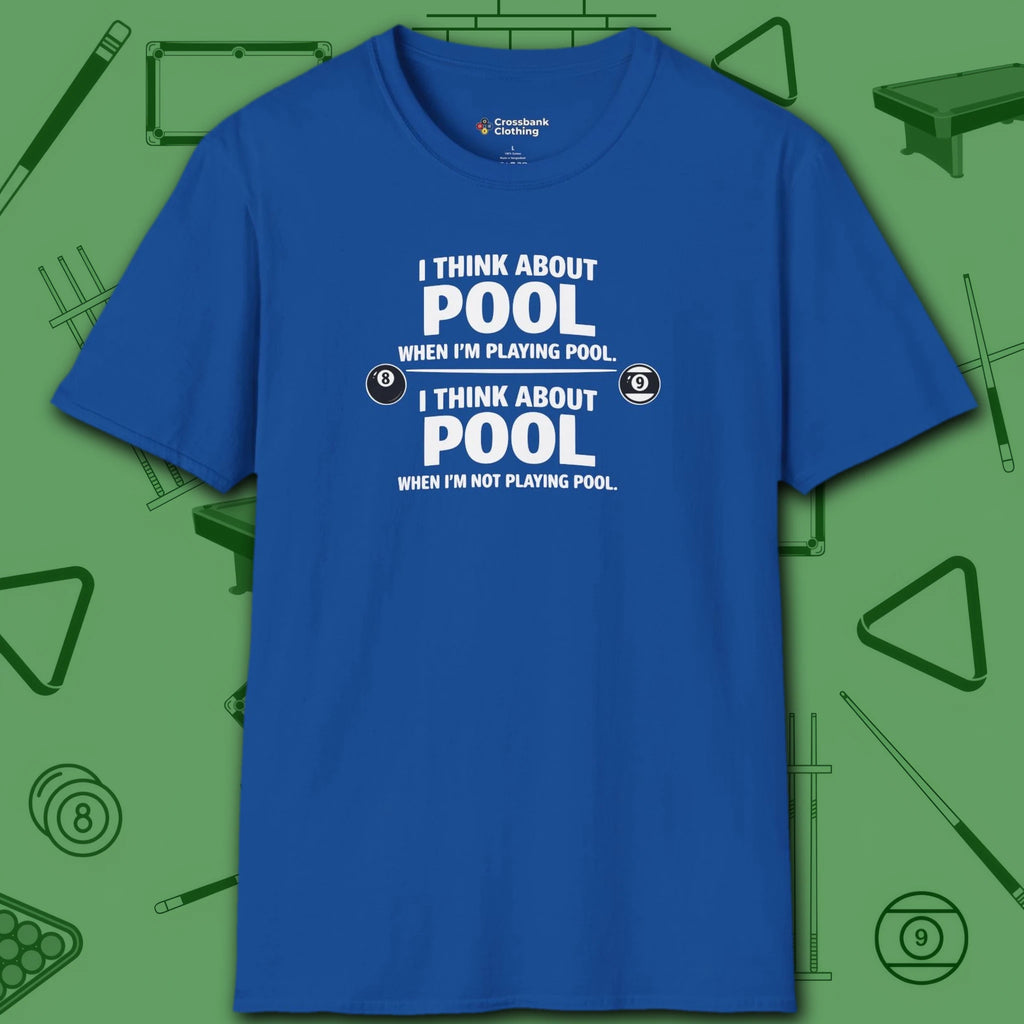 Think About Pool T-Shirt, in Royal color, billiards shirt, front view