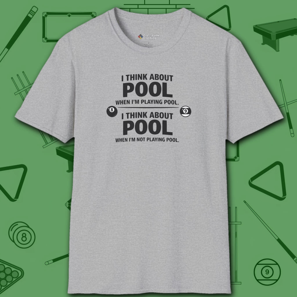 Think About Pool T-Shirt, in Sport Grey color, billiards shirt, front view