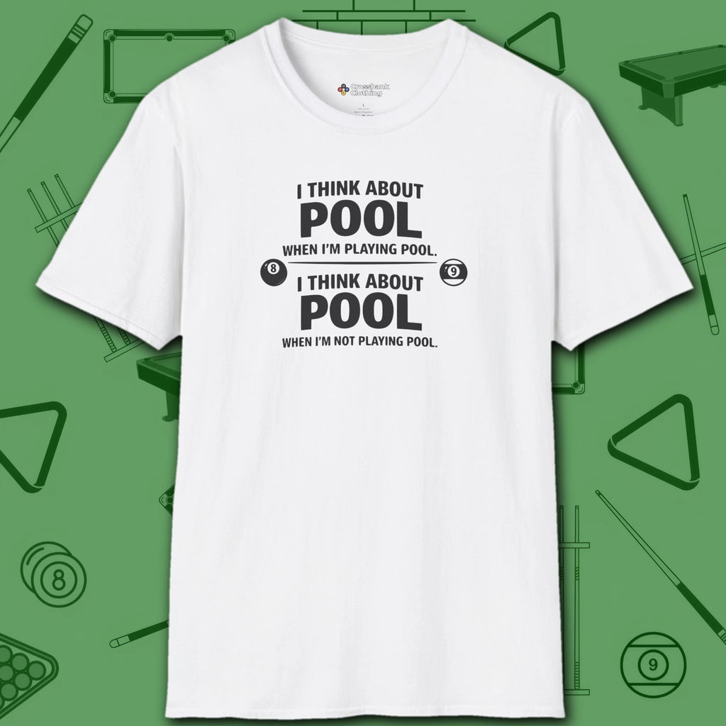 Think About Pool T-Shirt, in White color, billiards shirt, front view