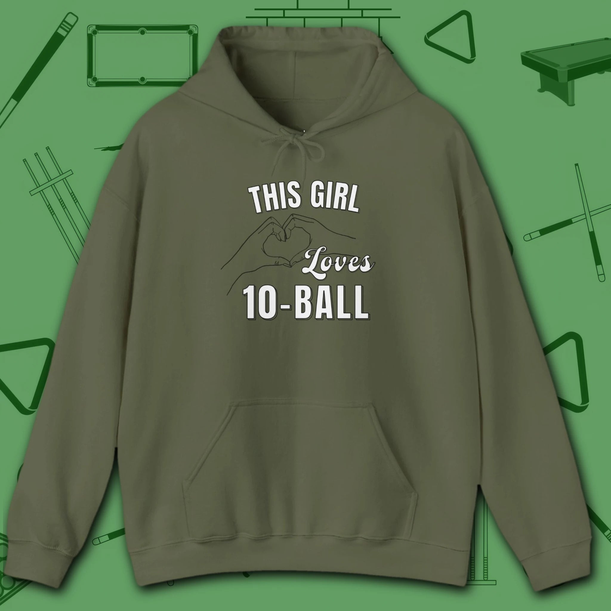 This Girl Loves Hoodie, in Military Green color, billiards shirt, front view
