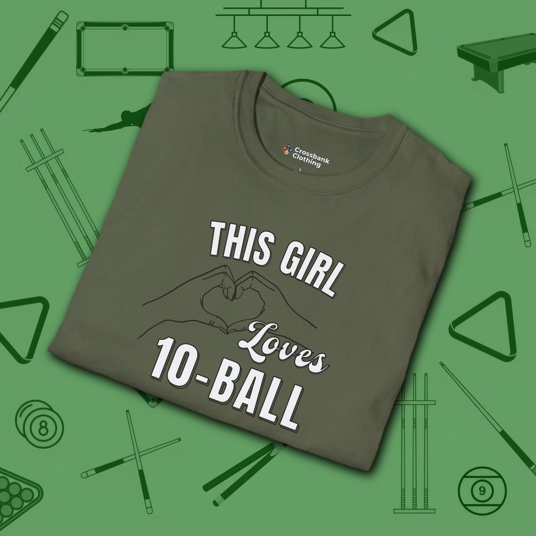 This Girl Loves T-Shirt, in Military Green color, billiards shirt, folded view