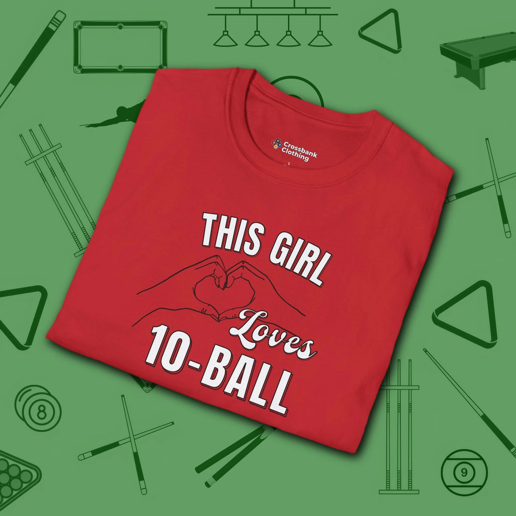 This Girl Loves T-Shirt, in Red color, billiards shirt, folded view