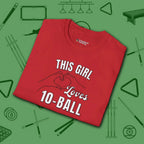 This Girl Loves T-Shirt, in Red color, billiards shirt, folded view