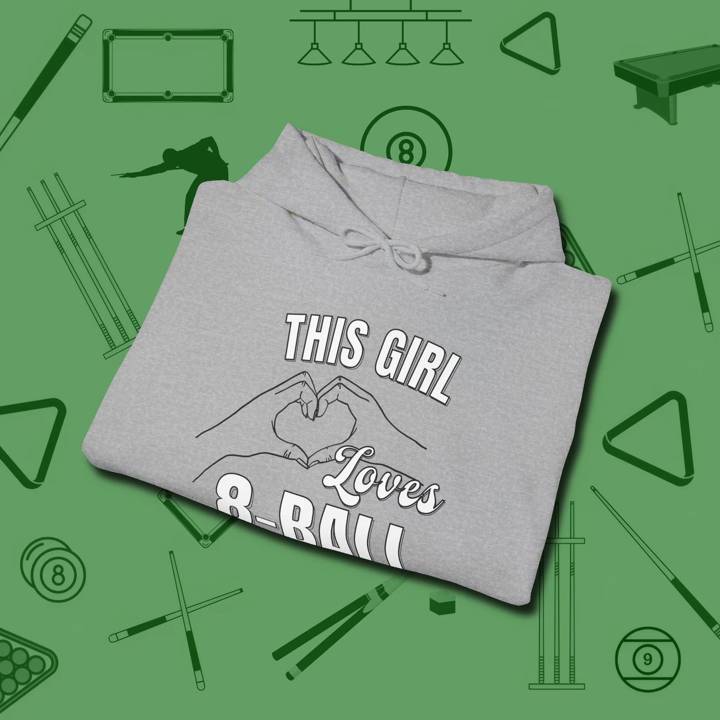 This Girl Loves 8 Ball Hoodie, folded view, in Sport Grey smart enough for the felt and the street