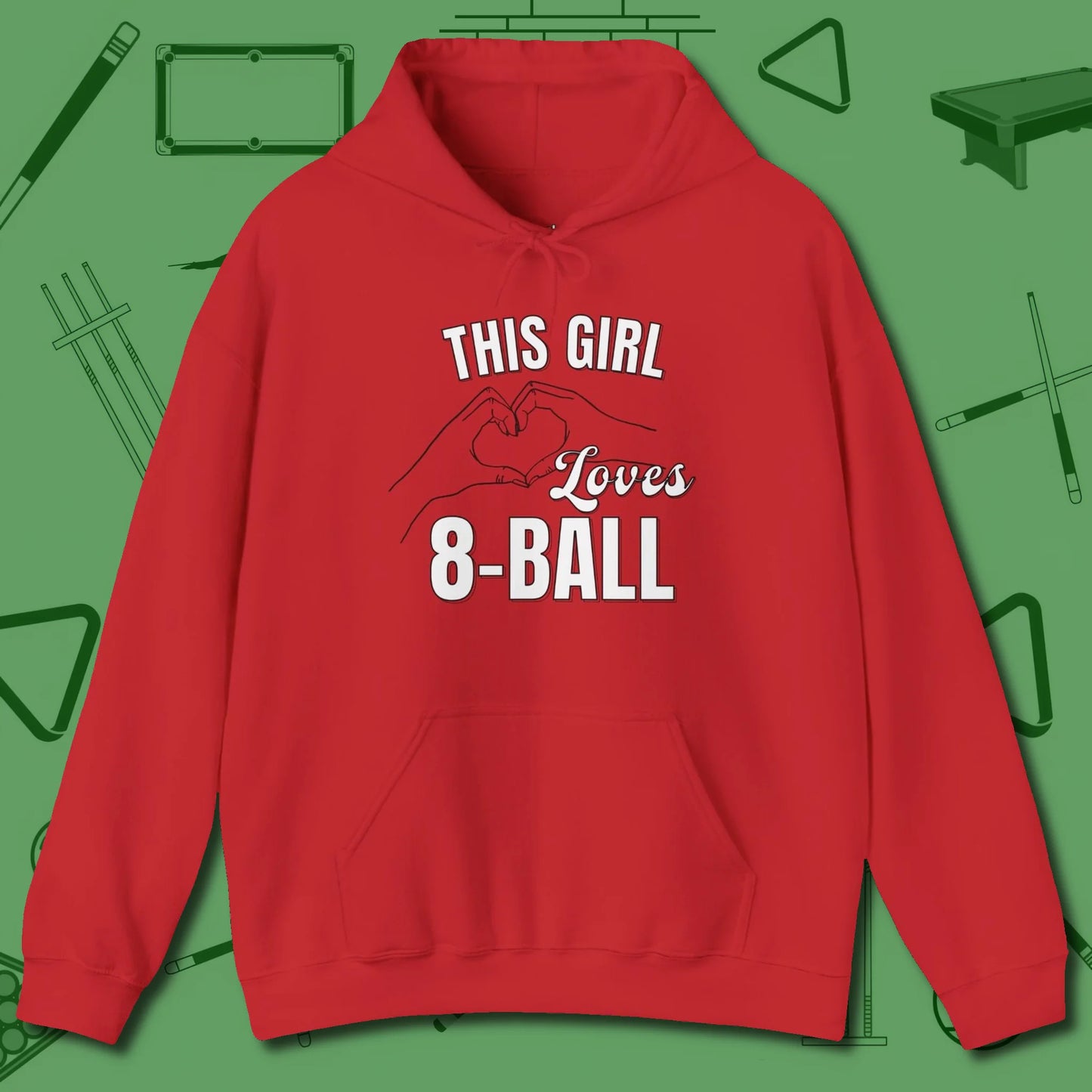 This Girl Loves 8 Ball Hoodie, front view, in Red the official uniform of the after-hours crew