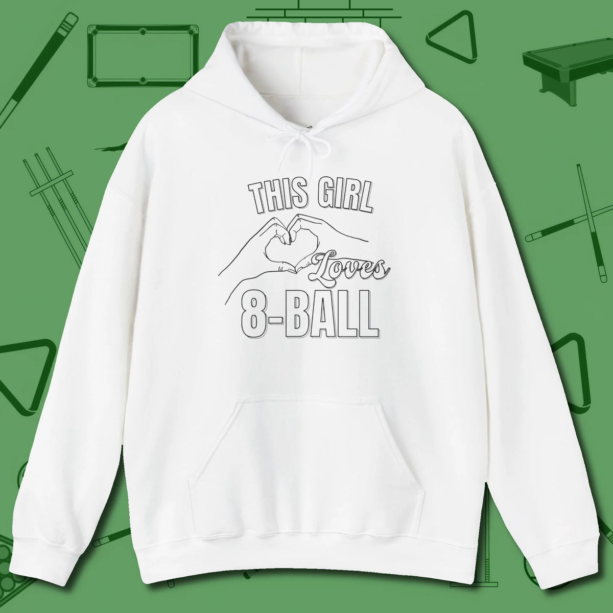 This Girl Loves 8 Ball Hoodie, front view, in White put your best game on display