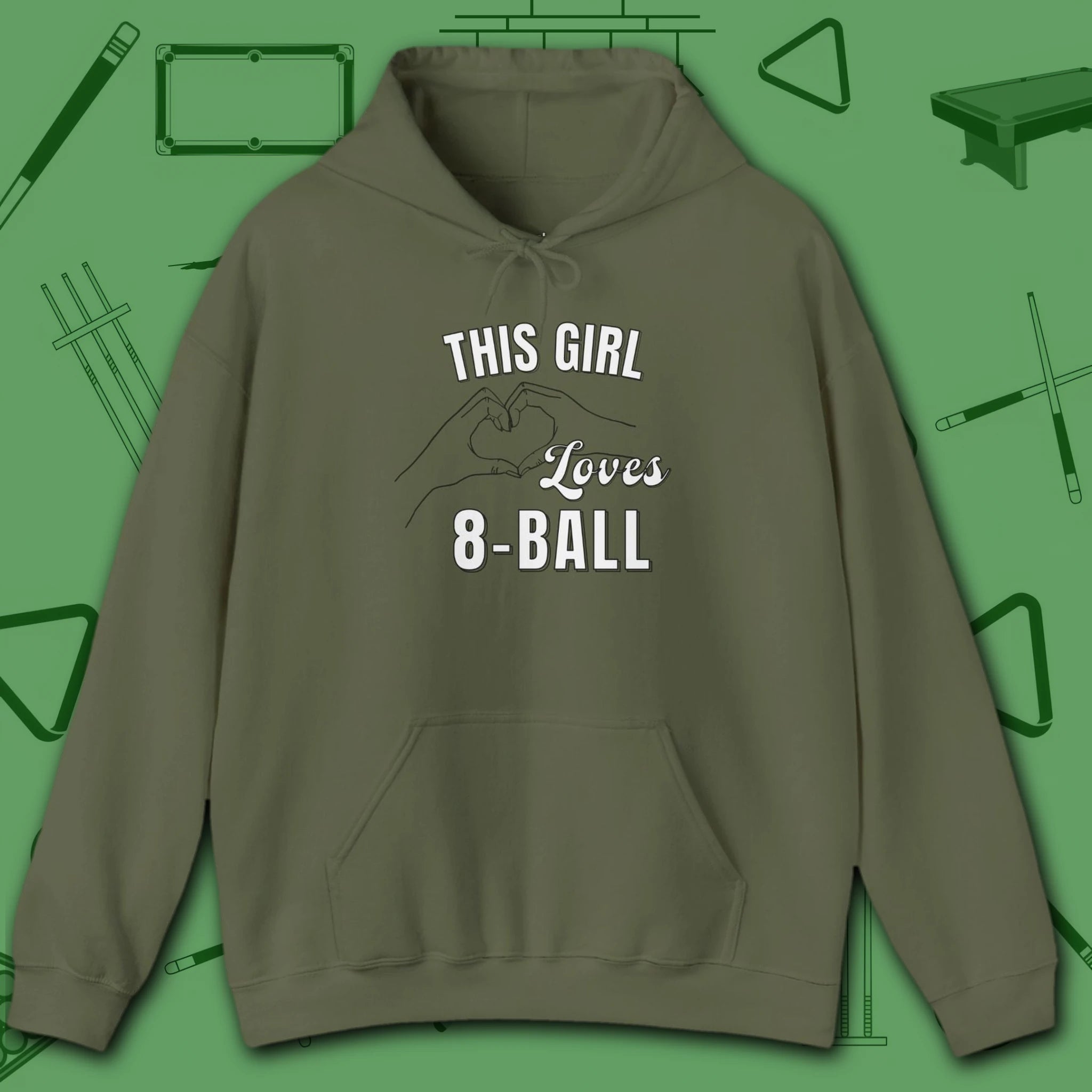 This Girl Loves Hoodie, in Military Green color, billiards shirt, front view