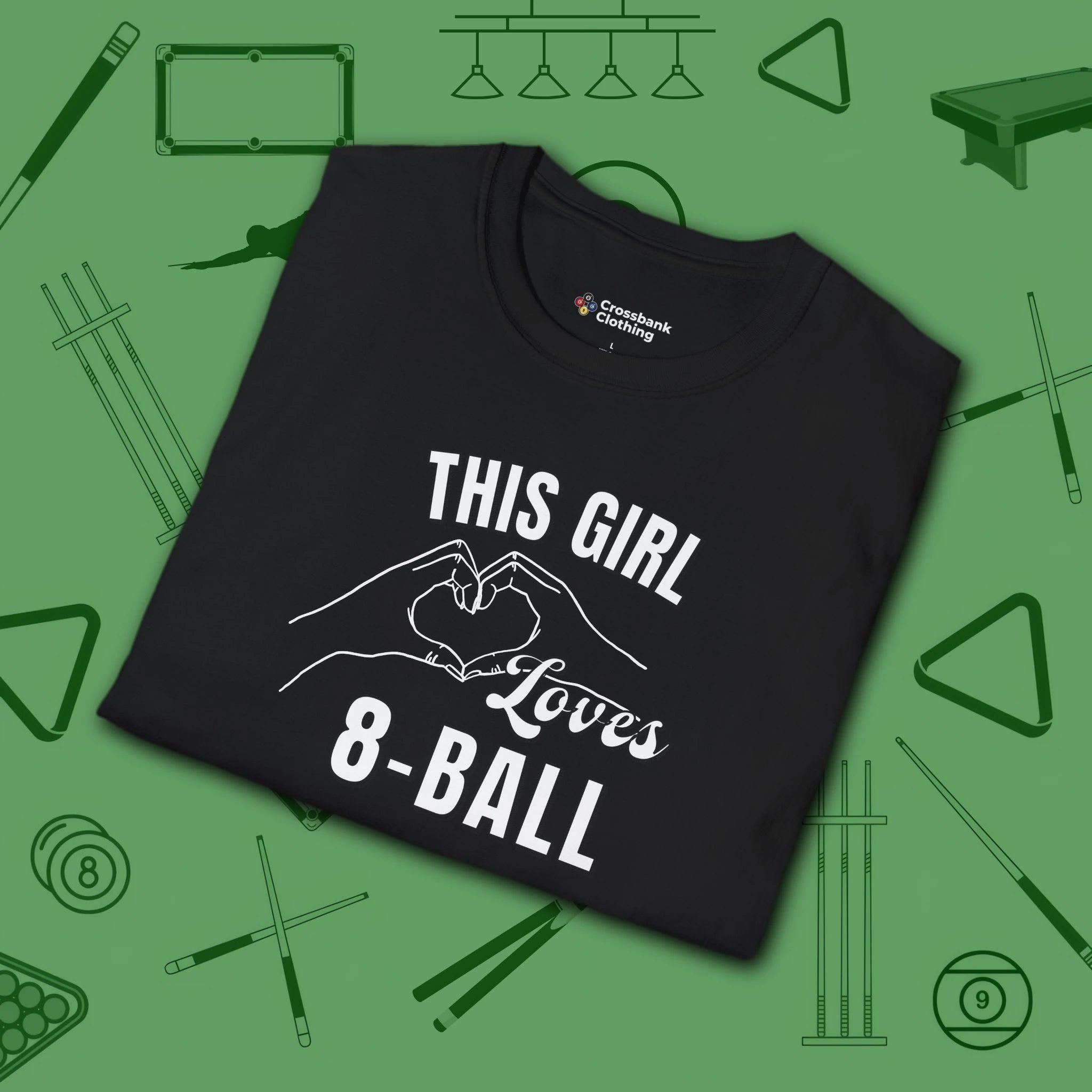 This Girl Loves T-Shirt, in Black color, billiards shirt, folded view