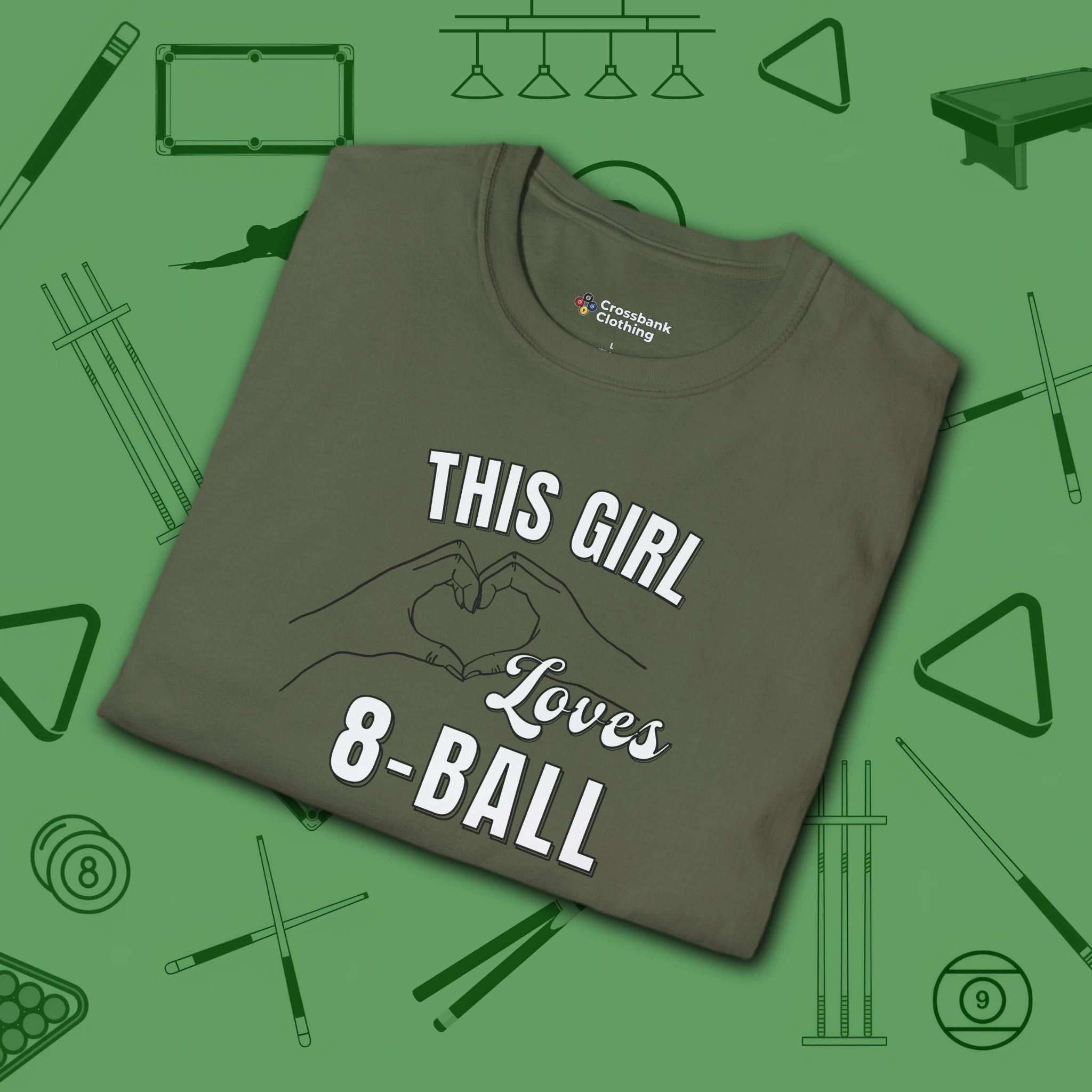 This Girl Loves T-Shirt, in Military Green color, billiards shirt, folded view