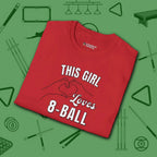 This Girl Loves T-Shirt, in Red color, billiards shirt, folded view