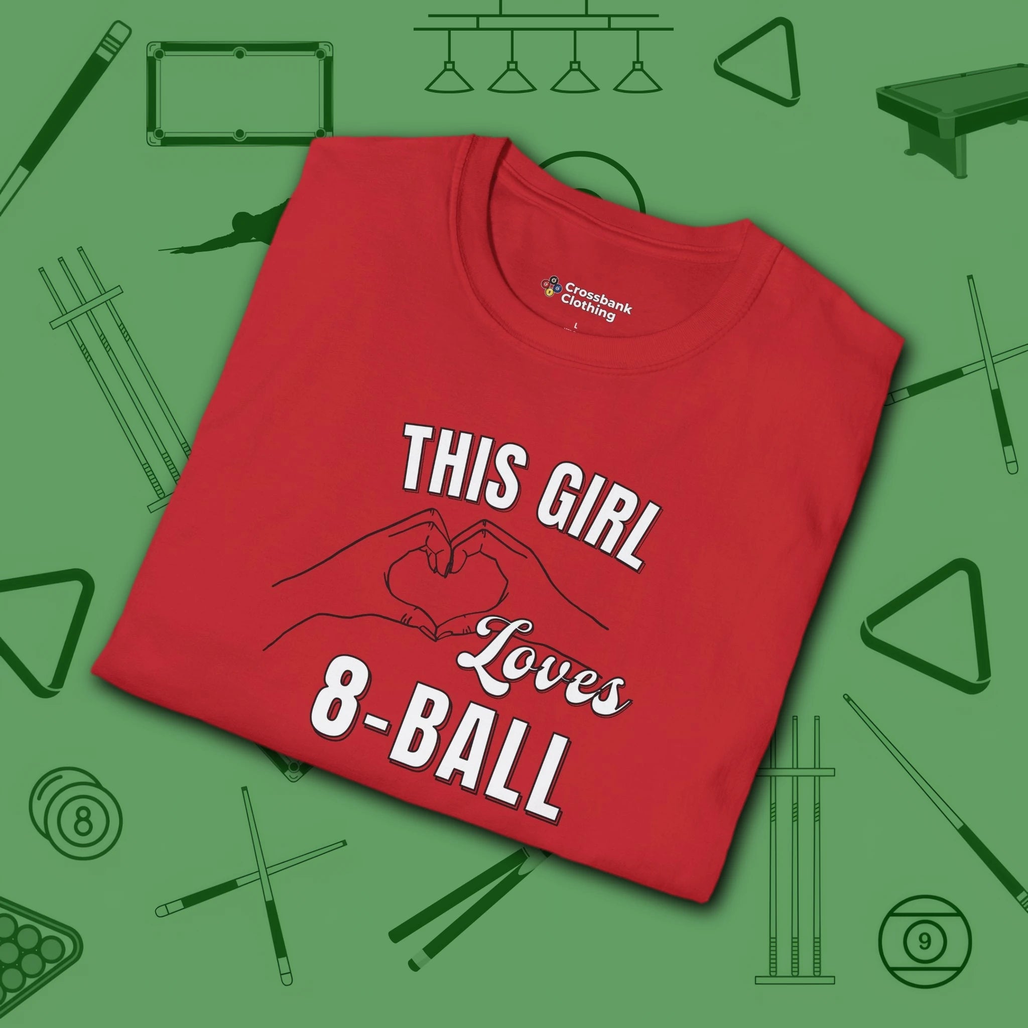 This Girl Loves T-Shirt, in Red color, billiards shirt, folded view