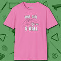 This Girl Loves T-Shirt, in Azalea color, billiards shirt, front view