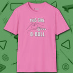 This Girl Loves T-Shirt, in Azalea color, billiards shirt, front view