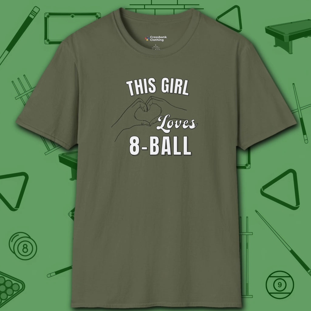 This Girl Loves T-Shirt, in Military Green color, billiards shirt, front view