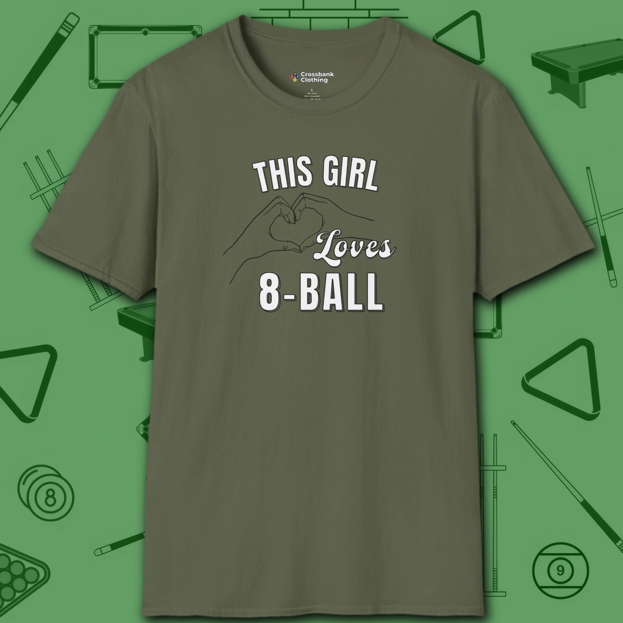 This Girl Loves T-Shirt, in Military Green color, billiards shirt, front view