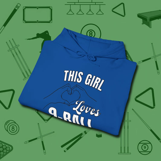This Girl Loves 9 Ball Hoodie, folded view, in Royal the shirt that plays position