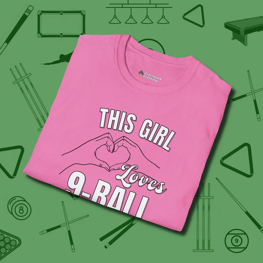 This Girl Loves 9 Ball T-Shirt, folded view, in Azalea not your average 8-ball graphic tee