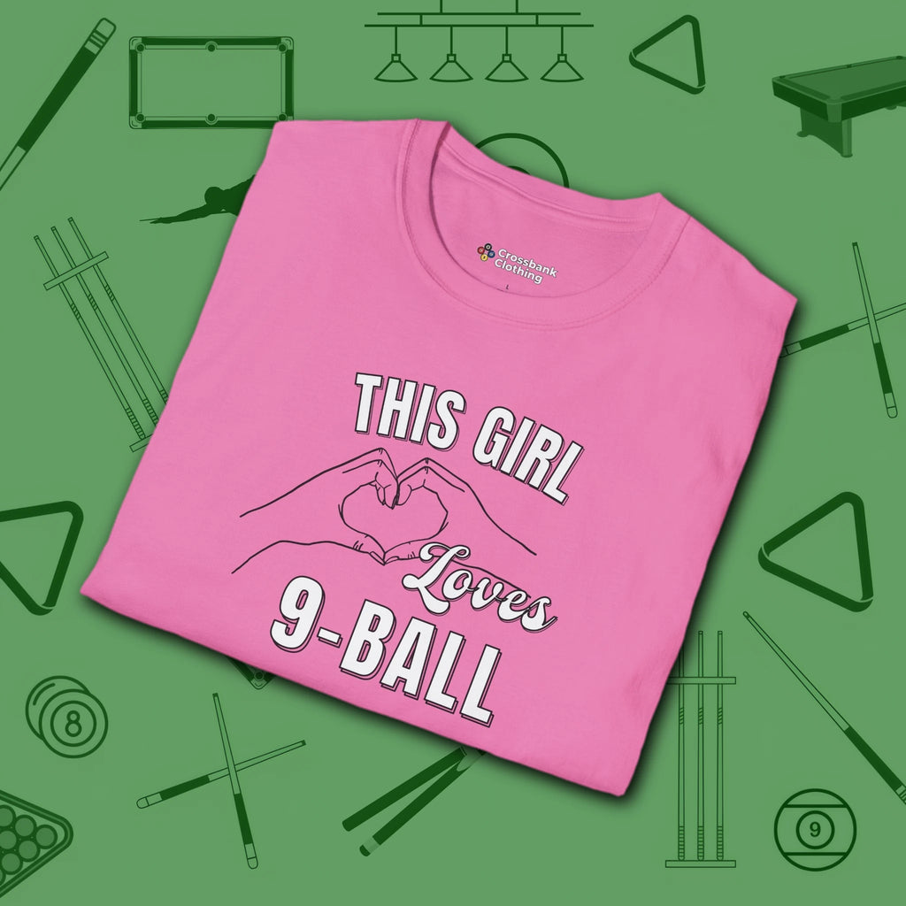 This Girl Loves T-Shirt, in Azalea color, billiards shirt, folded view