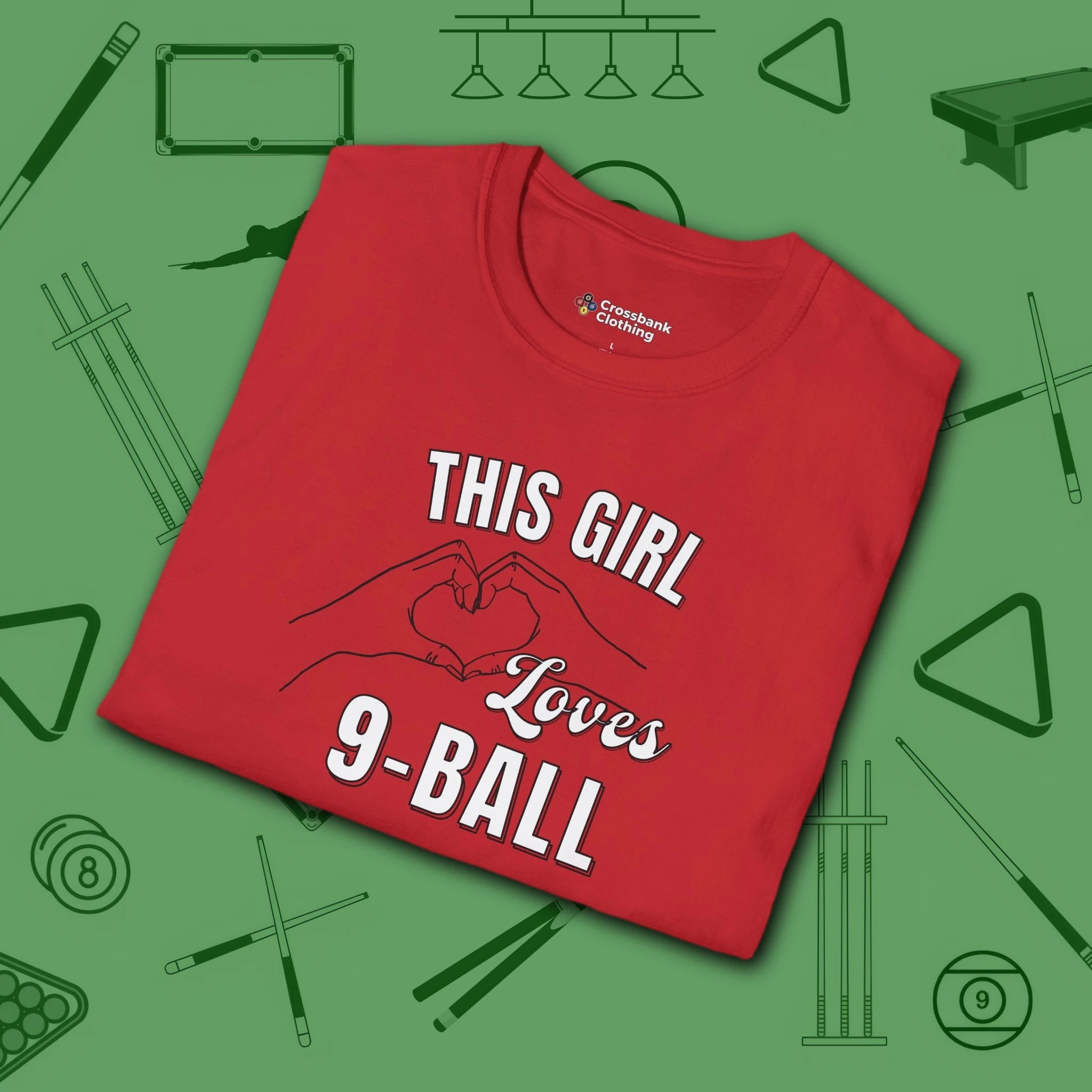 This Girl Loves T-Shirt, in Red color, billiards shirt, folded view
