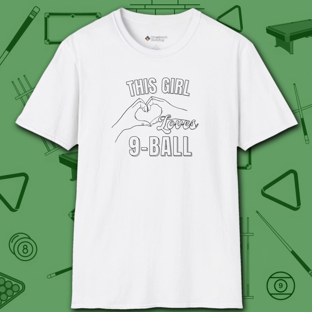 This Girl Loves T-Shirt, in White color, billiards shirt, front view