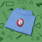 Three Ball Sketch Hoodie, folded view, in Carolina Blue poolroom style with tournament attitude
