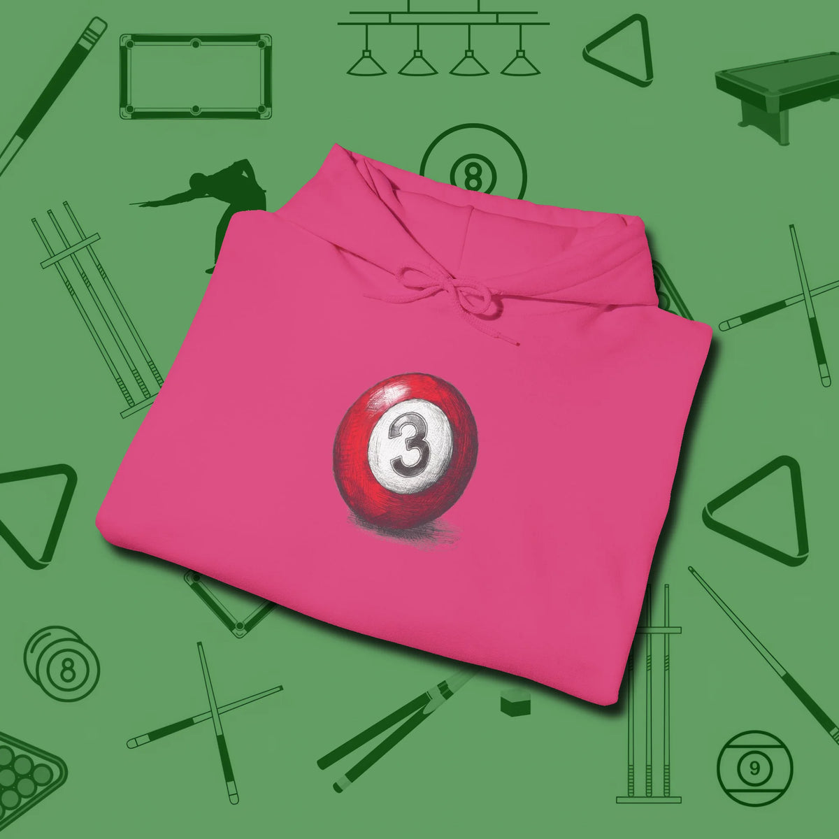 Three Ball Sketch Hoodie, folded view, in Heliconia your secret weapon off the table