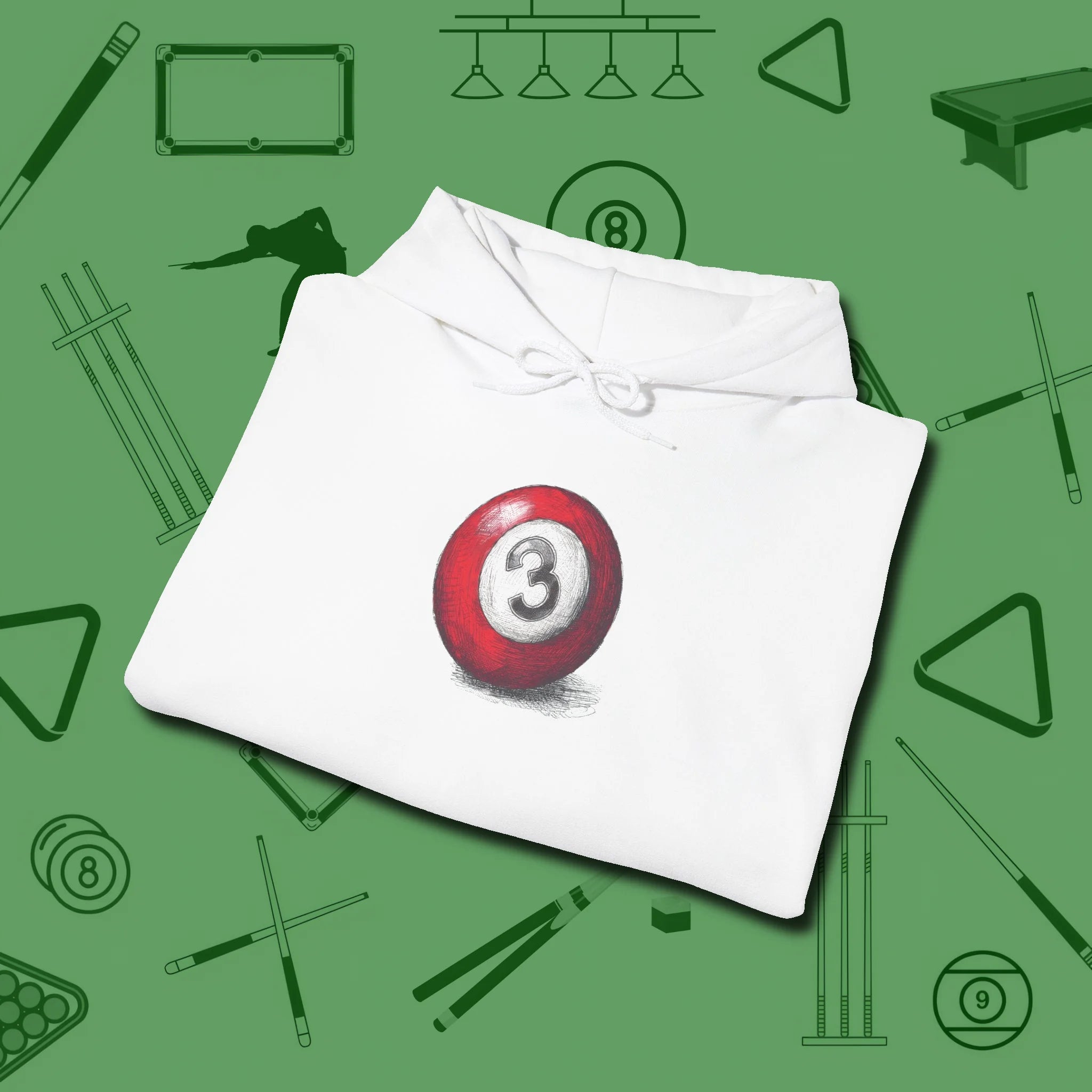 Three Ball Sketch Hoodie, folded view, in White because you don’t just play — you represent