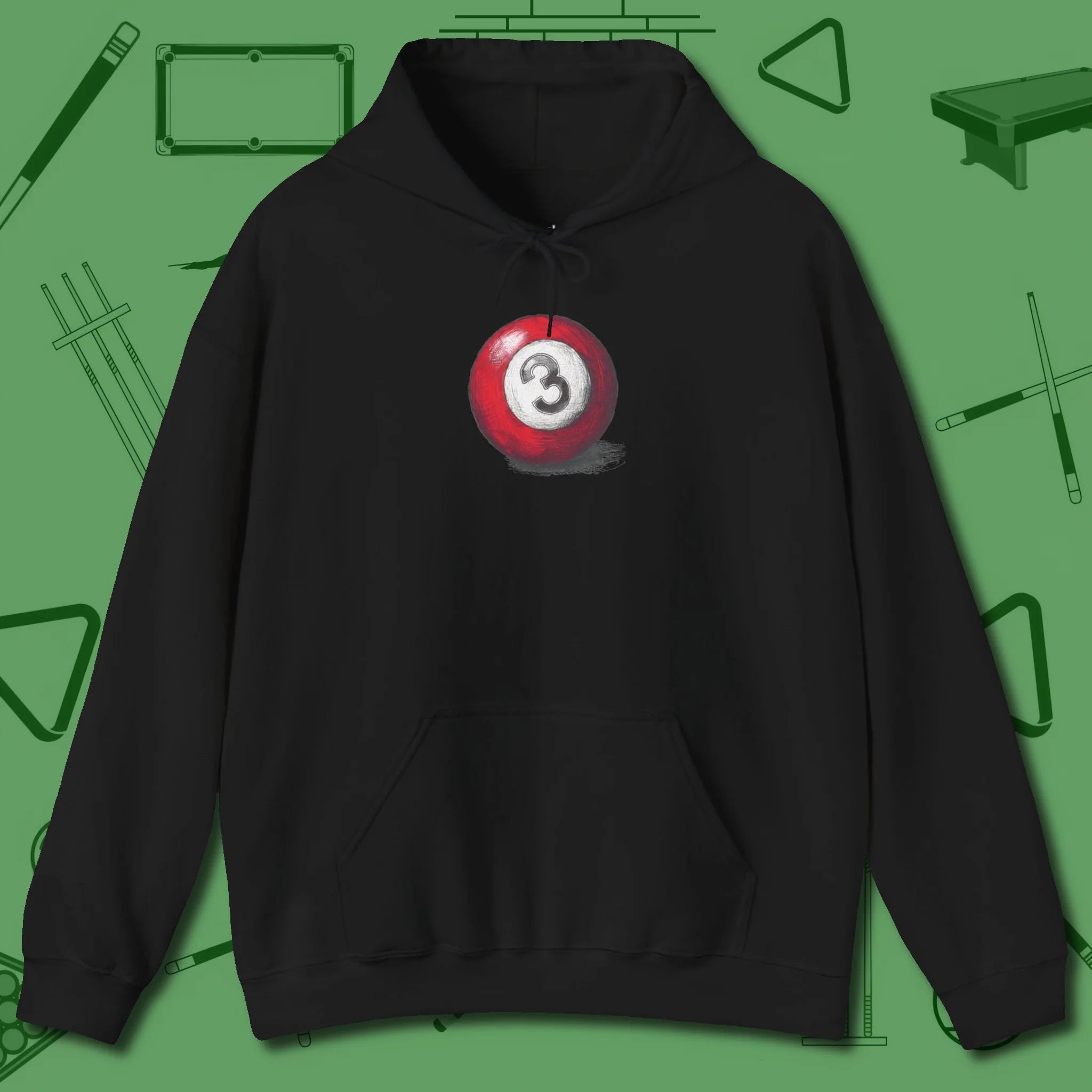 Three Ball Sketch Hoodie, front view, in Black from chalk to clutch, look the part