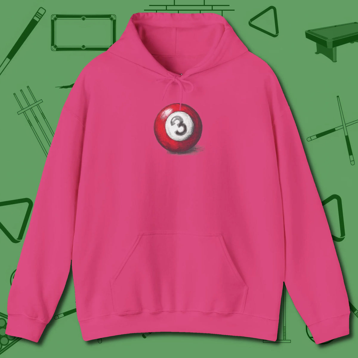 Three Ball Sketch Hoodie, front view, in Heliconia for players who live the game