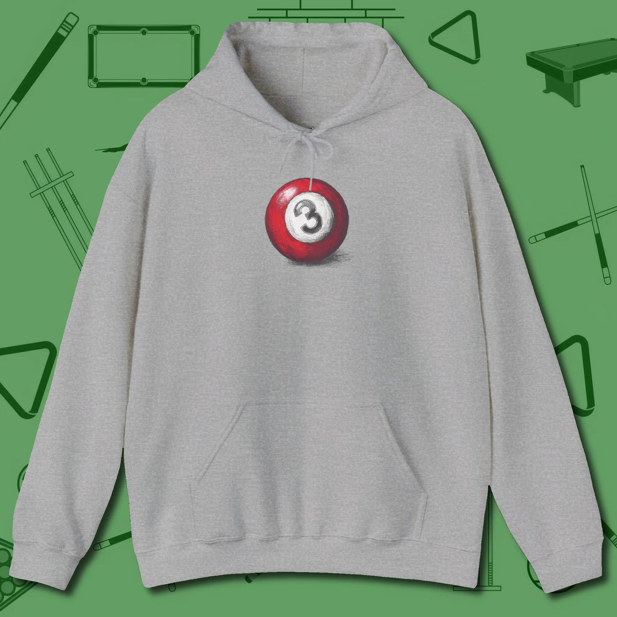 Three Ball Sketch Hoodie, front view, in Sport Grey look good while calling your pocket