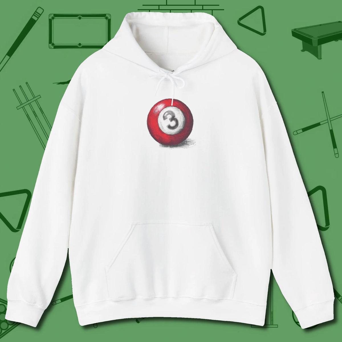 Three Ball Sketch Hoodie, front view, in White for hustlers who keep it honest