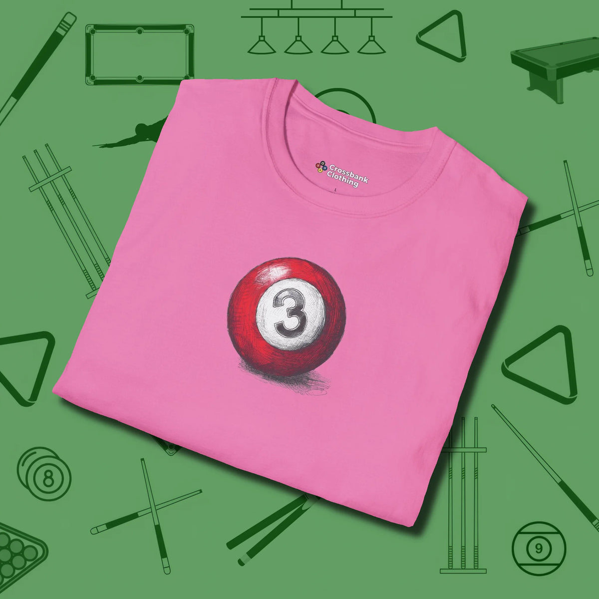 Three Ball Sketch T-Shirt, folded view, in Azalea clean lines for dirty minds