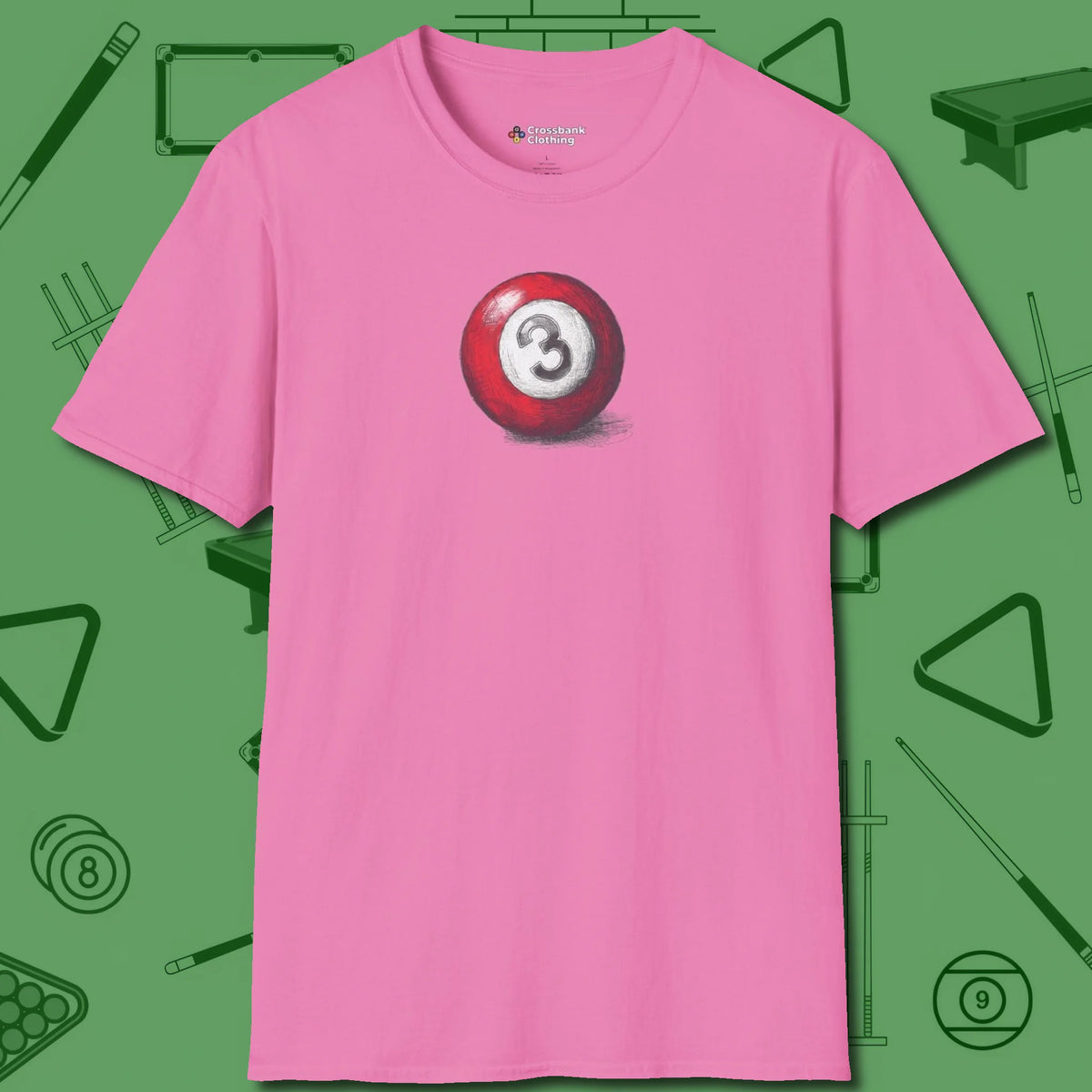 Three Ball Sketch T-Shirt, front view, in Azalea made for pool sharks, not posers