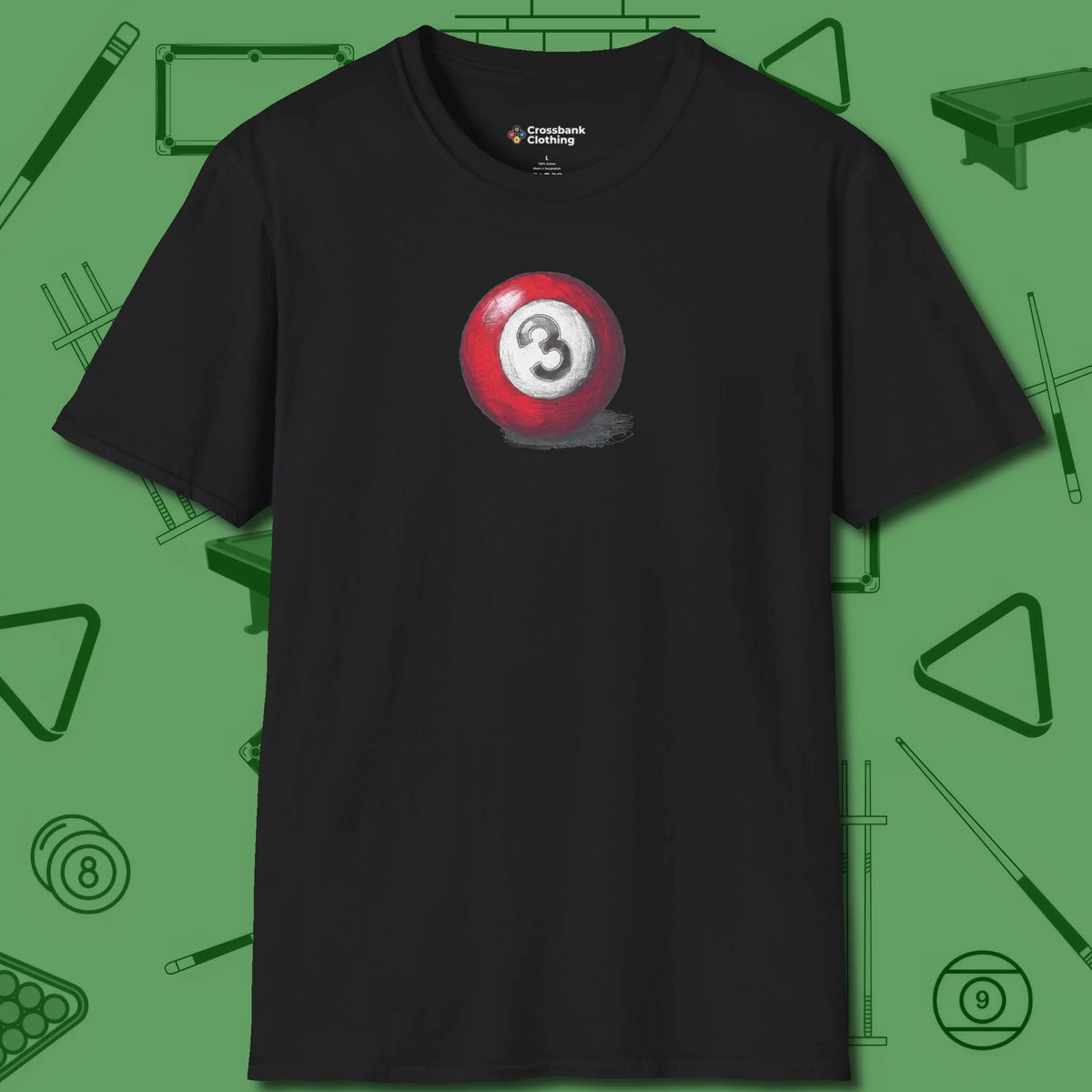 Three Ball Sketch T-Shirt, front view, in Black play in style, win in silence